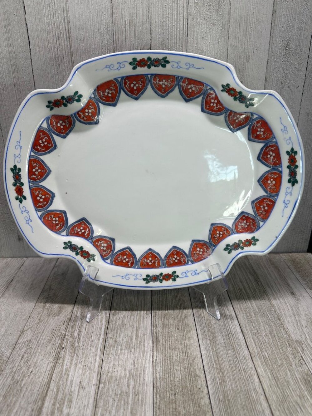 Vtg Red Stamp Chinese Heavy Porcelain Stunning Platter Tray 13" x 10" Floral